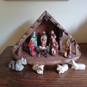 Vintage Paper Mache Nativity Set 12 Piece with Creche West Germany C1950